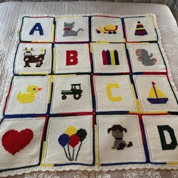 HANDMADE Crochet Knit AFGHAN Couch Lap Quilt THROW BLANKET Quilted Squares Kids